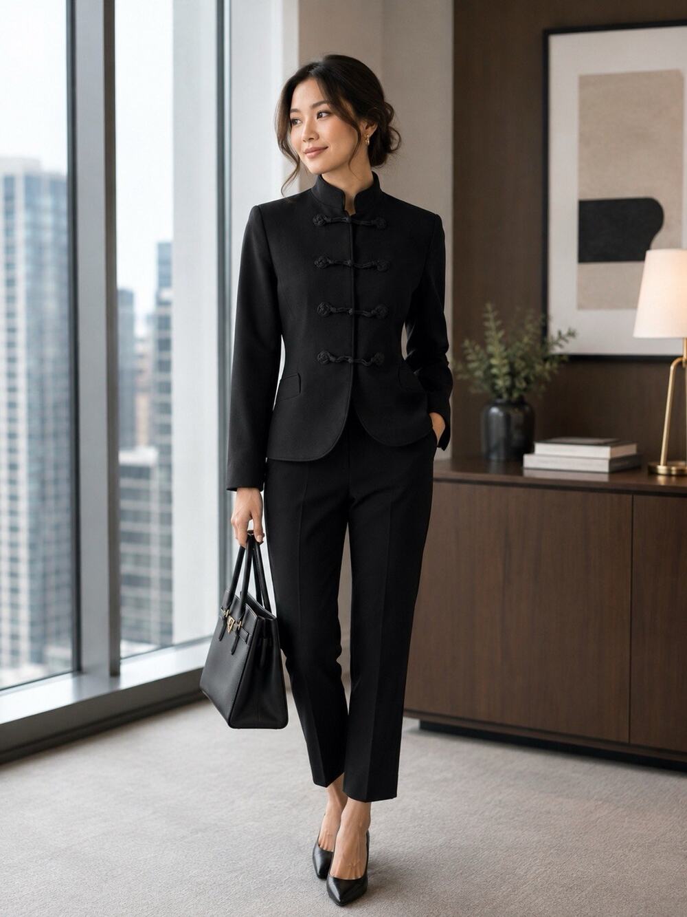 Vintage Rena Rowan Petite Blazer Womens 8P Black 100% Pure New Wool Frog Buttons